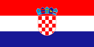 The flag of Croatia is composed of three equal horizontal bands of red, white and blue, with the coat of arms of Croatia superimposed in the center.