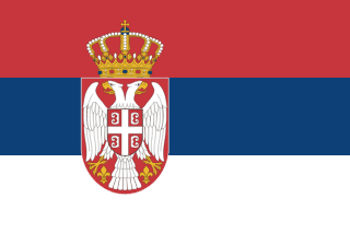 The flag of Serbia is composed of three equal horizontal bands of red, blue and white. The coat of arms of Serbia is superimposed at the center of the field slightly towards the hoist side.